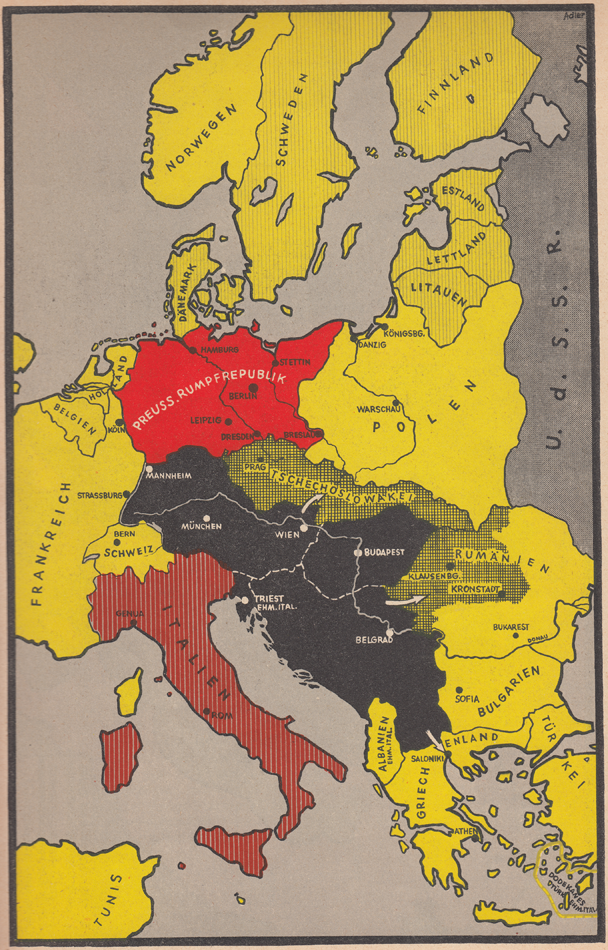 Вирзинг высмеивал англо-французских врагов за то, как они кардинально изменили свои цели: в Первой мировой войне - расчленение Австро-Венгрии во имя угнетенных наций, а теперь - реставрация этой монархии в ущерб воссоединенной Германии